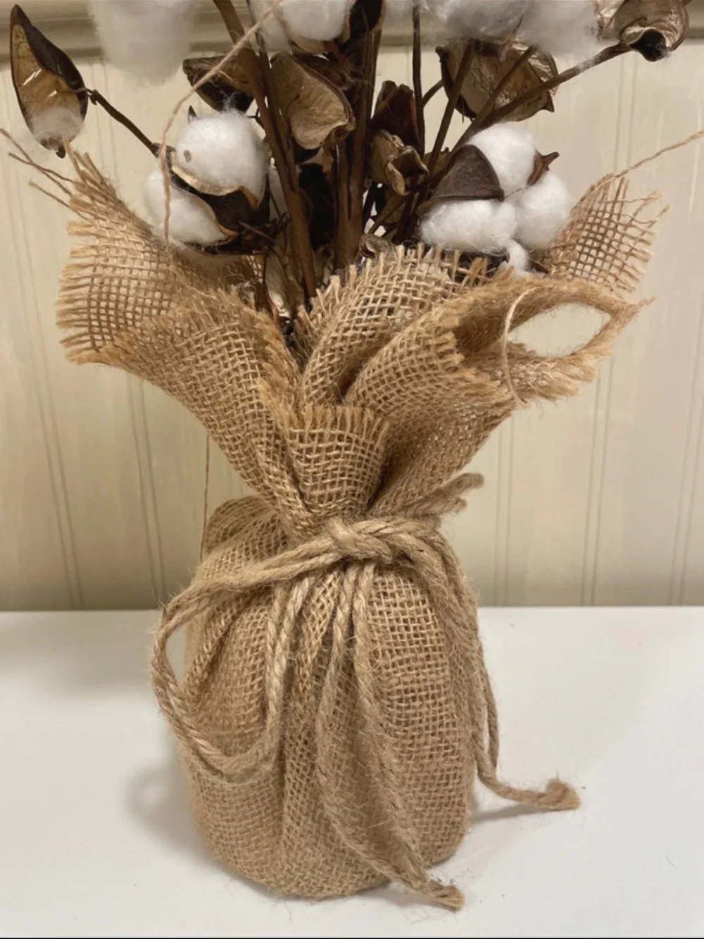 Kirklands Cotton Stem Burlap Bundle - White & Brown